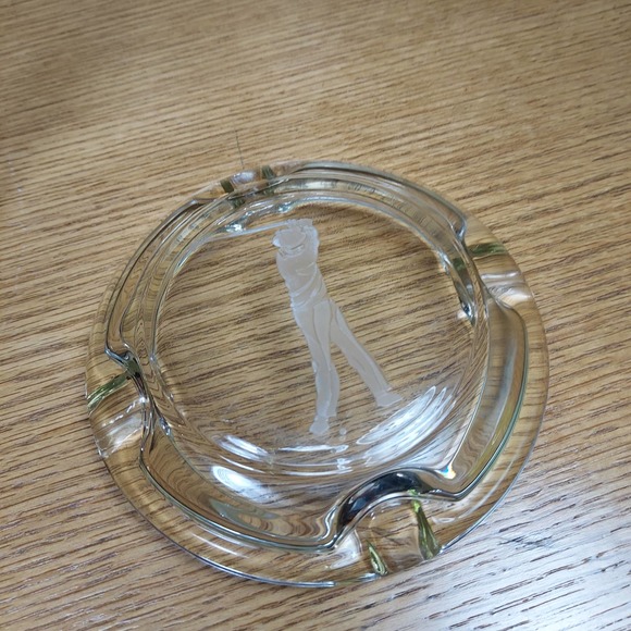 Thick Round Etched Golfer Glass Ashtray Vintage Cigar Cigarette Swinging Club - Picture 5 of 8